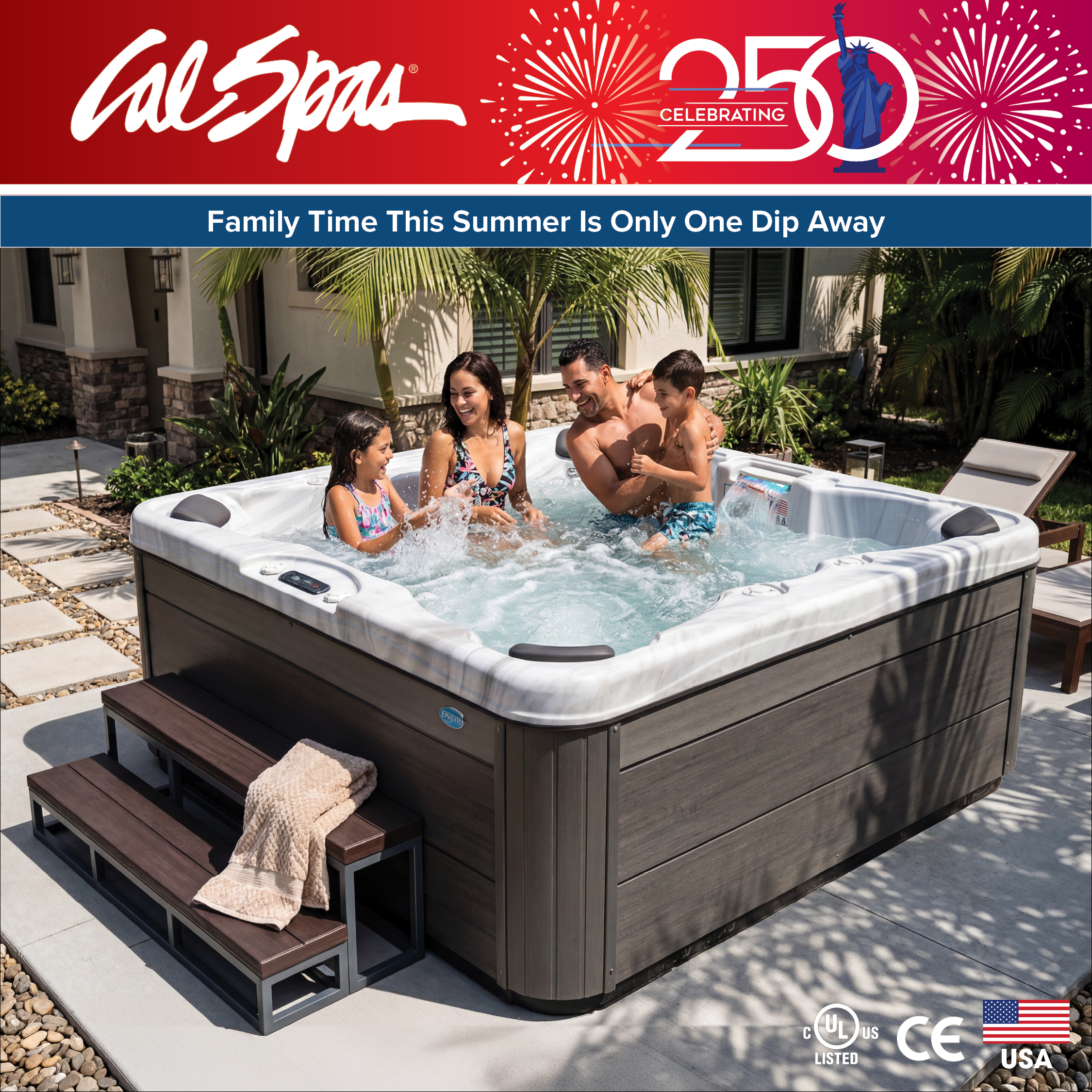 Calspas hot tub being used in a family setting - Galveston